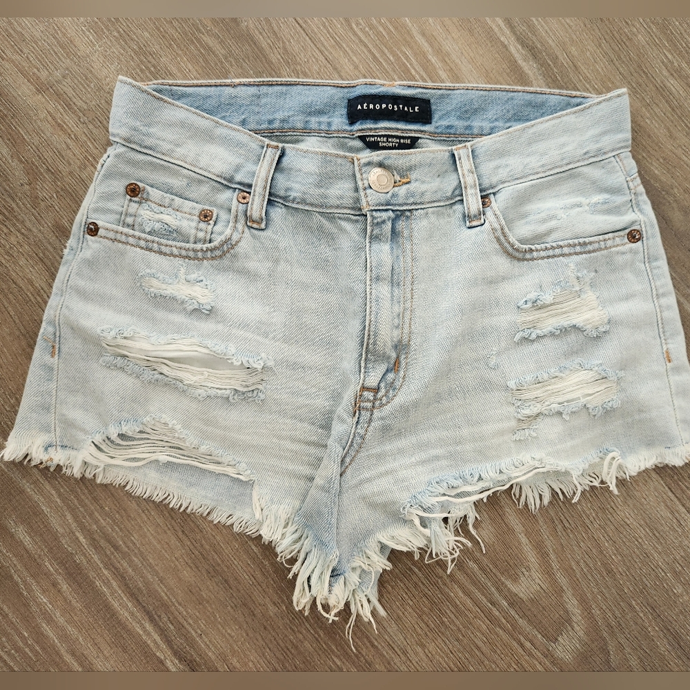Aeropostale Vintage High Rise Shorty Distressed Jean Shorts with Raw Hem